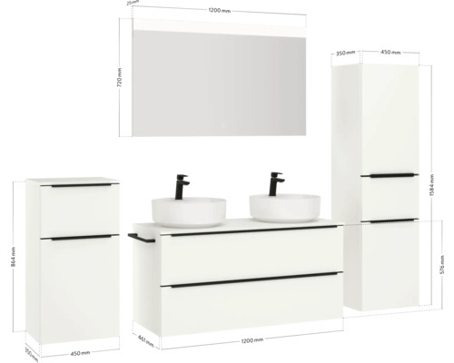 Badezimmerset mit Doppelwaschtisch, Spiegelschrank und zwei Hochschränken in Weiß