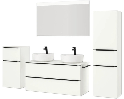 Badezimmer-Set mit Waschtischunterschrank, zwei Aufsatzwaschbecken, Spiegelschrank und Hochschrank