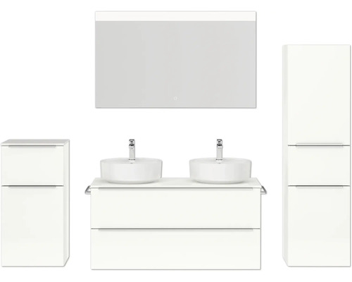 Doppel-Badmöbel-Set NOBILIA Programm 3 BxHxT 230 x 169,1 x 48,7 cm Frontfarbe weiß hochglanz mit Aufsatz-Waschtisch weiß und Spiegel mit LED-Beleuchtung Midischrank Unterschrank Griffleiste chrom matt 570 Badezimmerensemble mit Waschtischunterschrank, zwei Waschbecken, Spiegelschrank und Hochschrank