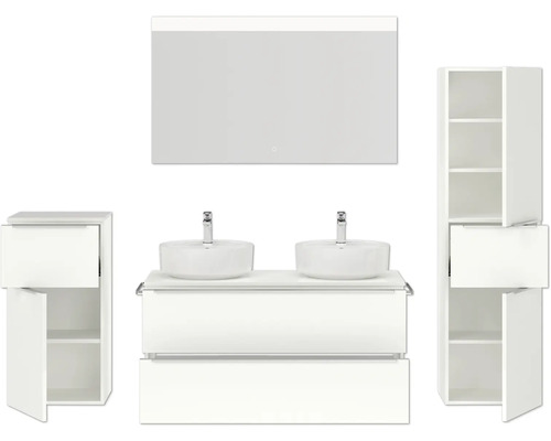 Komplettes Badezimmerset mit Waschtisch, Spiegel, Waschbecken und Schränken