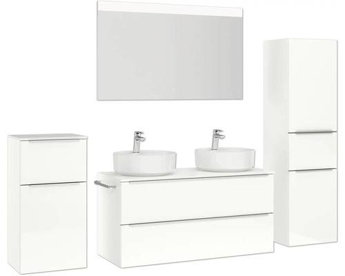 Badezimmer-Set mit Waschbeckenunterschrank, Aufsatzwaschbecken, Spiegelschrank und Hochschrank