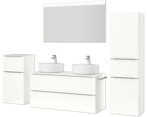 Badezimmerensemble mit Waschtischunterschrank, zwei Aufsatzwaschbecken, Spiegelschrank und Hochschrank