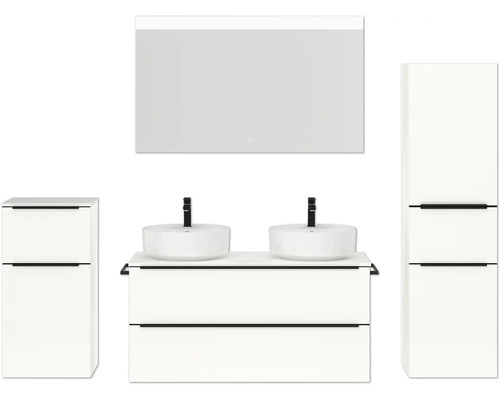 Doppel-Badmöbel-Set NOBILIA Programm 3 BxHxT 230 x 169,1 x 48,7 cm Frontfarbe weiß hochglanz mit Aufsatz-Waschtisch weiß und Spiegel mit LED-Beleuchtung Midischrank Unterschrank Griffleiste schwarz 571