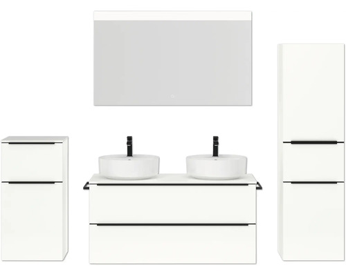 Doppel-Badmöbel-Set NOBILIA Programm 3 BxHxT 230 x 169,1 x 48,7 cm Frontfarbe weiß hochglanz mit Aufsatz-Waschtisch weiß und Spiegel mit LED-Beleuchtung Midischrank Unterschrank Griffleiste schwarz 571 Badezimmer-Set mit Waschbecken, Unterschrank, Spiegelschrank und Hochschrank