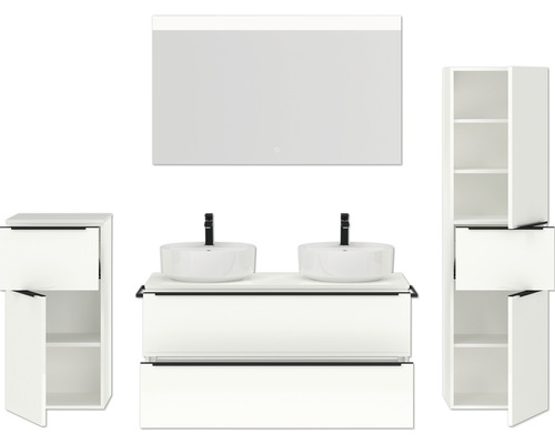 Badezimmerensemble mit Waschtischunterschrank, zwei Aufsatzwaschbecken, Spiegelschrank und zwei Hochschränken