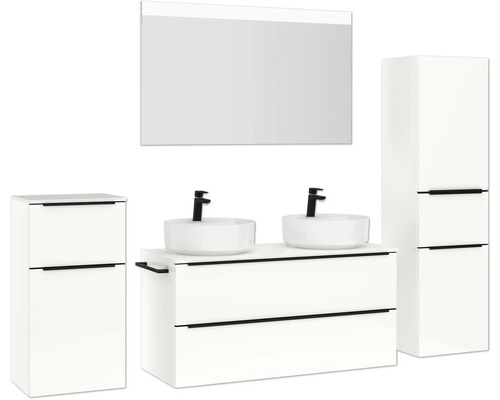 Badezimmerensemble mit Waschtischunterschrank, Aufsatzwaschbecken, Spiegelschrank und Hochschrank