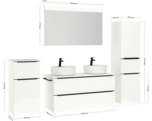 Badezimmer mit Waschtisch, Aufsatzwaschbecken, Spiegelschrank und Hochschränken mit Maßangaben