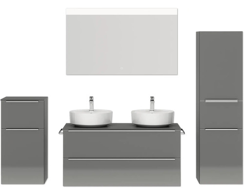 Doppel-Badmöbel-Set NOBILIA Programm 3 BxHxT 230 x 169,1 x 48,7 cm Frontfarbe grau hochglanz mit Aufsatz-Waschtisch weiß und Spiegel mit LED-Beleuchtung Midischrank Unterschrank Griffleiste chrom matt 572 Badezimmerensemble mit Waschtischunterschrank, zwei Aufsatzwaschbecken, Spiegelschrank und zwei Hochschränken