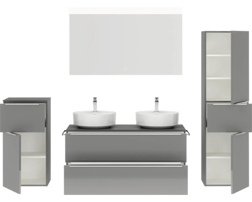 Badezimmermöbel-Set mit Waschbecken, Waschtisch, Spiegelschrank und Hochschränken