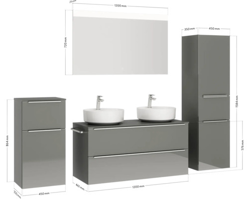 Komplette Badezimmereinrichtung mit Waschtischunterschrank, zwei Aufsatzwaschbecken, Spiegelschrank und zwei Hochschränken mit Maßangaben