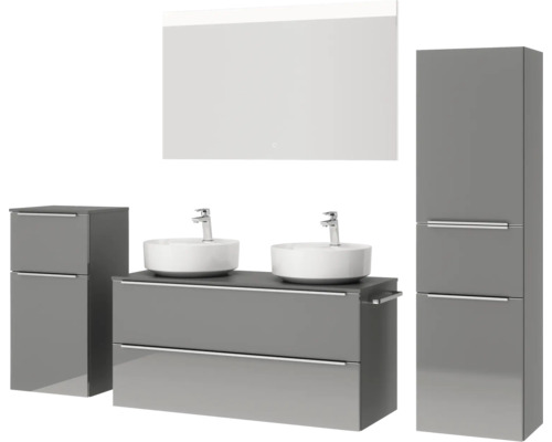 Badezimmermöbelset mit Waschtischunterschrank, zwei Aufsatzwaschbecken, Spiegelschrank und Hochschrank