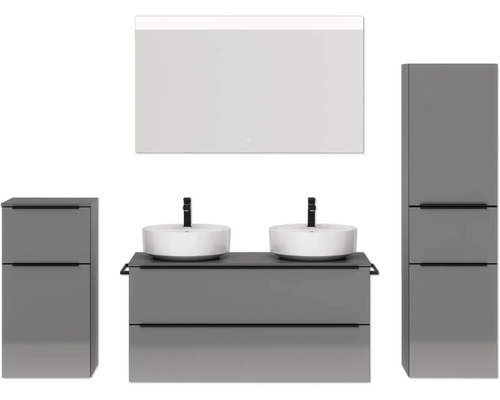 Doppel-Badmöbel-Set NOBILIA Programm 3 BxHxT 230 x 169,1 x 48,7 cm Frontfarbe grau hochglanz mit Aufsatz-Waschtisch weiß und Spiegel mit LED-Beleuchtung Midischrank Unterschrank Griffleiste schwarz 573 Badezimmer-Set mit Doppelwaschtisch, Unterschrank, Spiegelschrank und Hochschränken