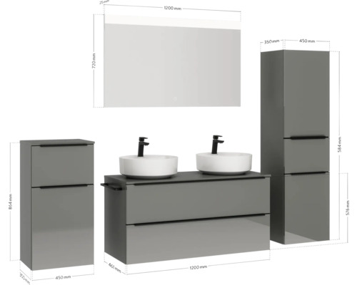 Komplette Badezimmereinrichtung mit Waschtischunterschrank, zwei Aufsatzwaschbecken, Spiegelschrank und zwei Hochschränken