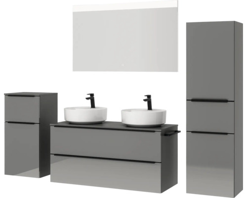 Graues Badezimmer-Set mit Waschtisch, Aufsatzwaschbecken, Spiegelschrank und Hochschrank