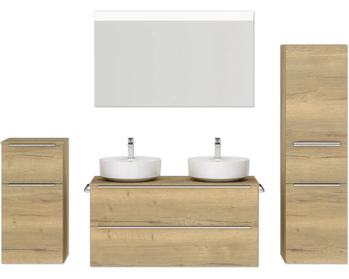 Doppel-Badmöbel-Set NOBILIA Programm 3 BxHxT 230 x 169,1 x 48,7 cm Frontfarbe eiche natur mit Aufsatz-Waschtisch weiß und Spiegel mit LED-Beleuchtung Midischrank Unterschrank Griffleiste chrom matt 574 Badezimmerset mit Doppelwaschtisch, Spiegelschrank und zwei Hochschränken im Holzdesign