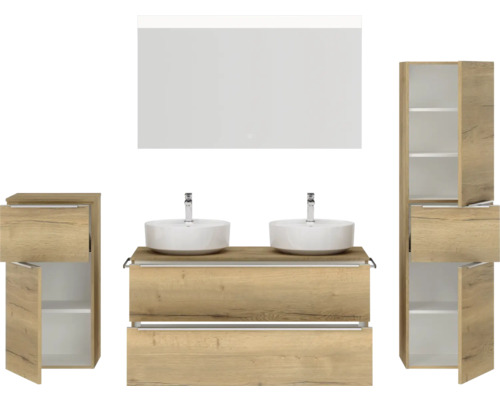 Badezimmermöbel-Set mit Waschtisch, Aufsatzwaschbecken, Spiegelschrank und Hochschrank
