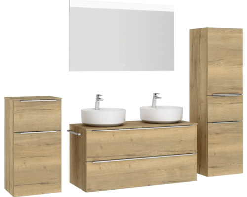 Badezimmer-Set mit Waschtisch, zwei Aufsatzwaschbecken, Spiegelschrank und zwei Hochschränken in Holzoptik