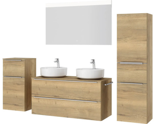 Badezimmermöbelset mit Waschtisch, zwei Aufsatzwaschbecken, Spiegelschrank und Hochschränken