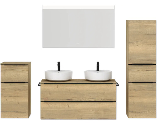 Doppel-Badmöbel-Set NOBILIA Programm 3 BxHxT 230 x 169,1 x 48,7 cm Frontfarbe eiche natur mit Aufsatz-Waschtisch weiß und Spiegel mit LED-Beleuchtung Midischrank Unterschrank Griffleiste schwarz 575 Badezimmerensemble mit Doppelwaschtisch, Spiegelschrank und zwei Hochschränken in Holzoptik