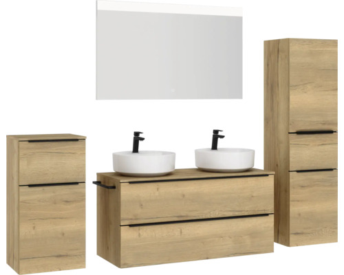 Badezimmer-Set mit Waschtischunterschrank, zwei Aufsatzwaschbecken, Spiegelschrank und zwei Hochschränken
