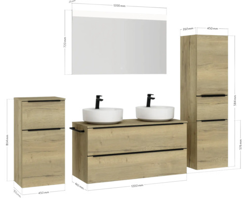 Komplette Badezimmereinrichtung mit Waschtisch, zwei Waschbecken, Spiegelschrank und zwei Seitenschränken mit Schubladen.