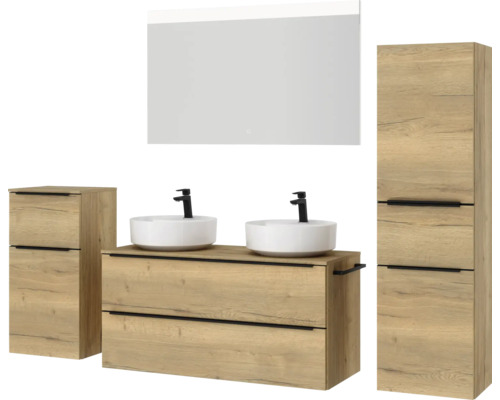 Badezimmer-Set mit Waschtisch, zwei Waschbecken, Spiegelschrank und zwei Seitenschränken im Holzdesign