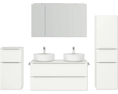 Doppel-Badmöbel-Set NOBILIA Programm 3 BxHxT 230 x 169,1 x 48,7 cm Frontfarbe weiß matt mit Möbel-Waschtisch und Spiegelschrank 3-türig mit LED-Beleuchtung Unterschrank Midischrank Griffleiste chrom matt Badezimmer-Set mit Waschtischunterschrank, Aufsatzwaschbecken, Spiegelschrank und Hochschrank