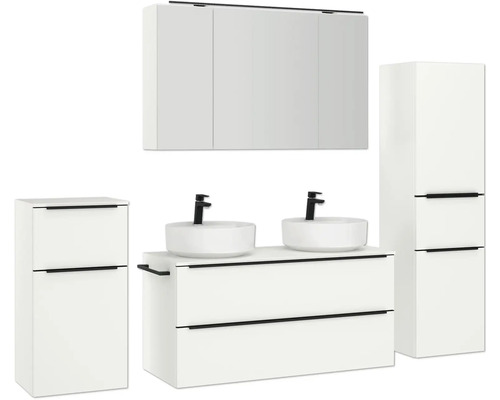 Badezimmergarnitur mit Waschtisch, zwei Waschbecken, Spiegelschrank und zwei Seitenschränken