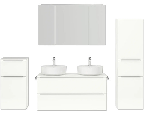 Doppel-Badmöbel-Set NOBILIA Programm 3 BxHxT 230 x 169,1 x 48,7 cm Frontfarbe weiß hochglanz mit Möbel-Waschtisch und Spiegelschrank 3-türig mit LED-Beleuchtung Unterschrank Midischrank Griffleiste chrom matt 578 Badezimmermöbelset mit Waschbeckenunterschrank, zwei Aufsatzwaschbecken, Spiegelschrank und Hochschrank