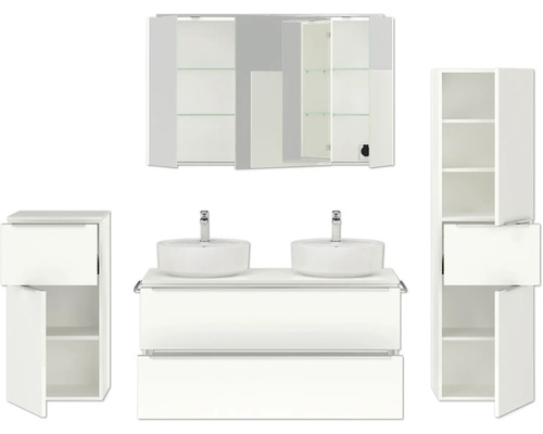 Badezimmermöbel-Set mit Waschtisch, Aufsatzwaschbecken, Spiegelschrank und Hochschränken