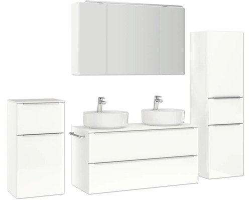 Badezimmergarnitur mit Waschtisch, zwei Aufsatzwaschbecken, Spiegelschrank und Seitenschrank für ein helles, modernes Badezimmerdesign