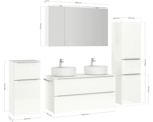 Badezimmermöbelset mit Waschtisch, zwei Waschbecken, Spiegelschrank und Hochschränken mit Maßangaben