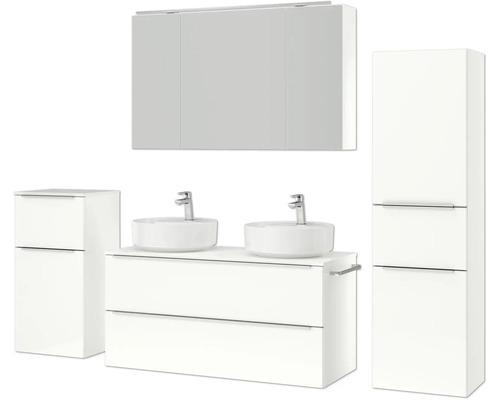 Badezimmermöbelset mit Waschbecken, Unterschrank, Spiegelschrank und Hochschrank