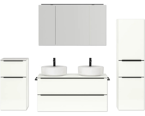 Doppel-Badmöbel-Set NOBILIA Programm 3 BxHxT 230 x 169,1 x 48,7 cm Frontfarbe weiß hochglanz mit Möbel-Waschtisch und Spiegelschrank 3-türig mit LED-Beleuchtung Unterschrank Midischrank Griffleiste schwarz 579 Badezimmerensemble mit Waschtischunterschrank, zwei Aufsatzwaschbecken, Spiegelschrank und zwei Hochschränken
