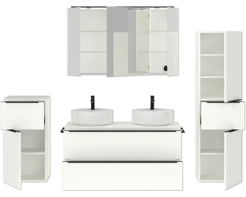 Badezimmerensemble mit Waschtischunterschrank, zwei Aufsatzwaschbecken, Spiegelschrank und zwei Hochschränken