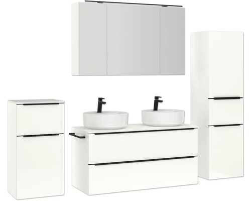 Badezimmer-Set mit Waschtisch, zwei Waschbecken, Spiegelschrank und Hochschrank