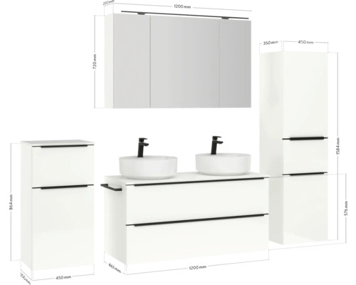 Badezimmer Set mit Waschtisch, zwei Aufsatzwaschbecken, Spiegelschrank und zwei Seitenschränken mit Maßangaben