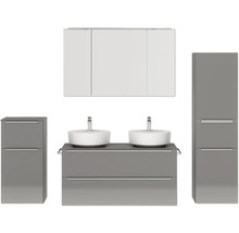Badezimmerset mit Waschtischunterschrank, zwei Aufsatzwaschbecken, Spiegelschrank und Hochschrank