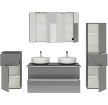 Graue Badezimmermöbel mit zwei Waschbecken, Spiegelschrank und Hochschränken