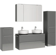 Modernes Badezimmerset mit Waschtisch, zwei Waschbecken, Spiegelschrank und Seitenschrank für ein stilvolles Bad