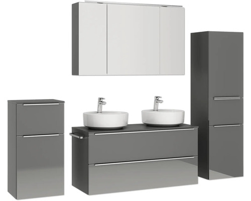 Modernes Badezimmerset mit Waschtisch, zwei Waschbecken, Spiegelschrank und Seitenschrank für ein stilvolles Bad