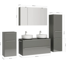 Badezimmer-Set mit Waschtischunterschrank, zwei Aufsatzwaschbecken, Spiegelschrank und zwei Hochschränken mit Maßangaben