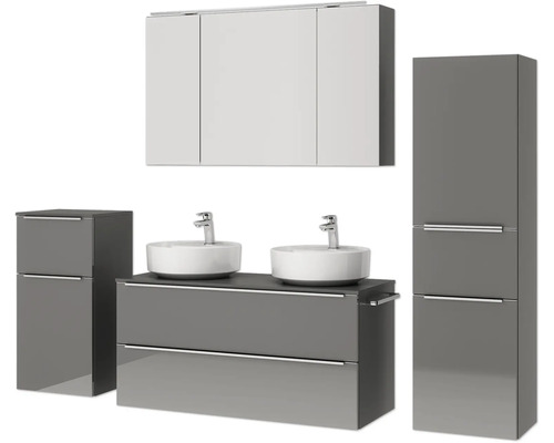 Badezimmermöbelset mit Waschtisch, Aufsatzwaschbecken, Spiegelschrank und Hochschrank