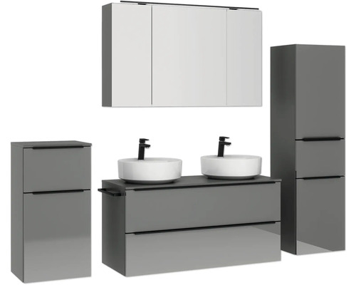 Badezimmermöbel-Set mit Waschtisch, zwei Waschbecken, Spiegelschrank und zwei Seitenschränken