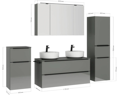 Badezimmer Möbelset mit Doppelwaschtisch, Spiegelschrank und zwei Hochschränken mit Maßangaben