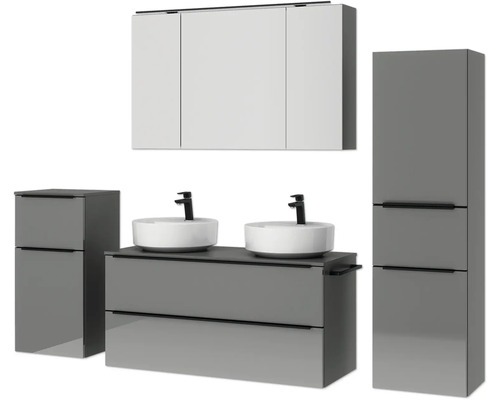Modernes Badezimmer-Set mit Waschtisch, zwei Waschbecken, Hängeschrank und Hochschrank