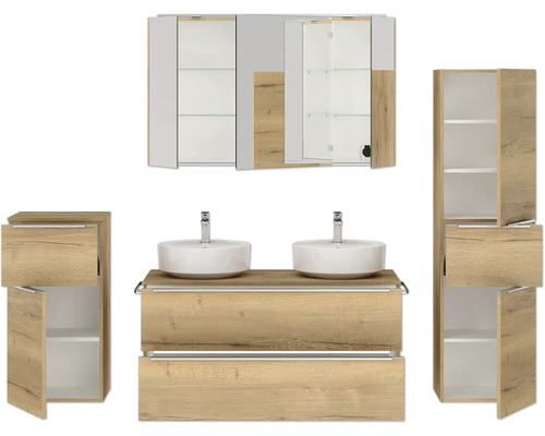 Badezimmerensemble mit Waschtisch, Aufsatzwaschbecken, Spiegelschrank und Hochschrank
