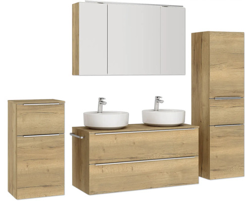 Badezimmergarnitur mit Waschtisch, zwei Becken, Spiegelschrank und Hochschränken