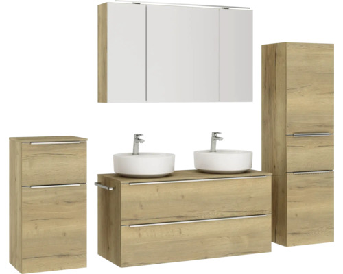 Badezimmer-Set mit Waschtisch, zwei Waschbecken, Spiegelschrank und Hochschrank
