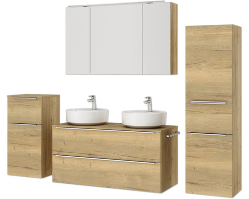 Badezimmer Set mit Waschtisch, zwei Waschbecken, Spiegelschrank und Seitenschrank